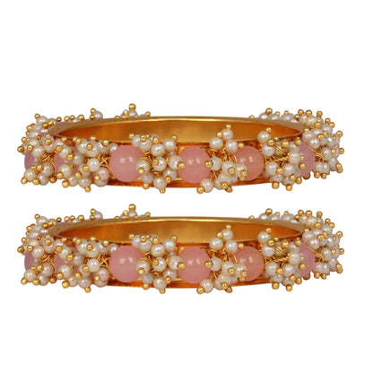 Gold Plated Cluster Pearl Beads Peach Bangle Set (Set Of 2) -