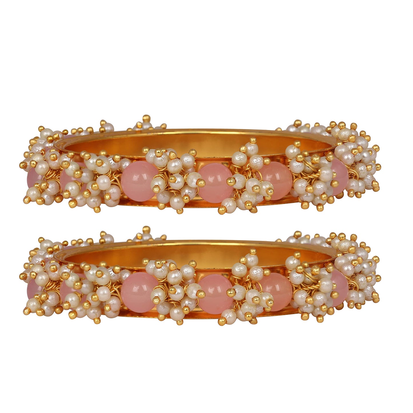 Gold Plated Cluster Pearl Beads Peach Bangle Set (Set Of 2) -