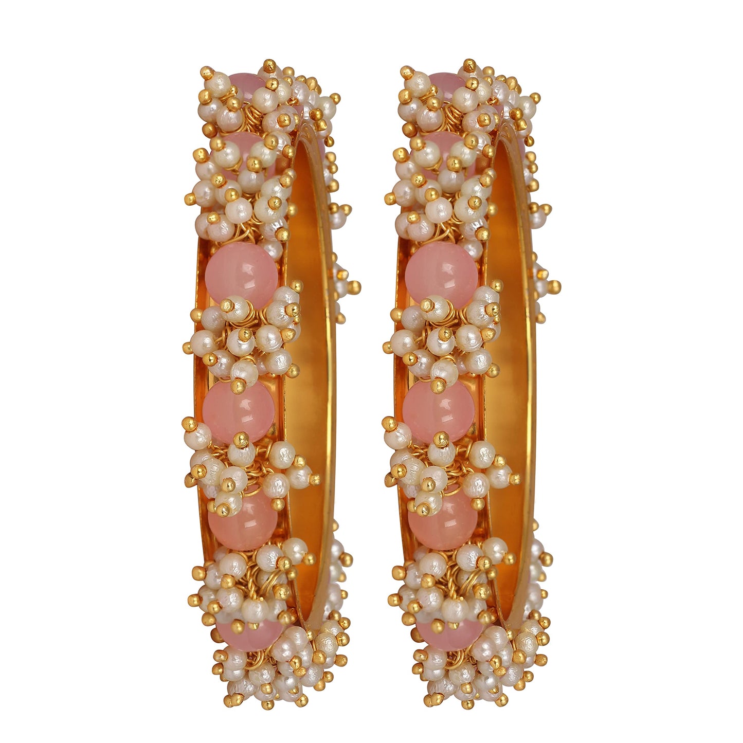 Gold Plated Cluster Pearl Beads Peach Bangle Set (Set Of 2) -