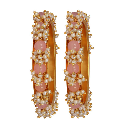 Gold Plated Cluster Pearl Beads Peach Bangle Set (Set Of 2) -