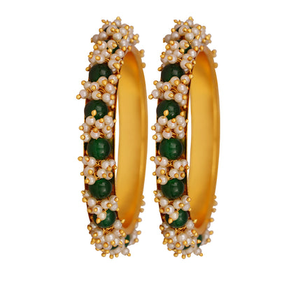 Gold Plated Cluster Pearl And Green Color Beads Bangle Set (Set Of 2)
