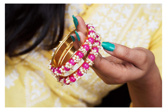 Gold Plated Pearl And Dark Pink Color Beads Bangle Set
