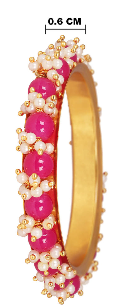 Gold Plated Pearl And Dark Pink Color Beads Bangle Set