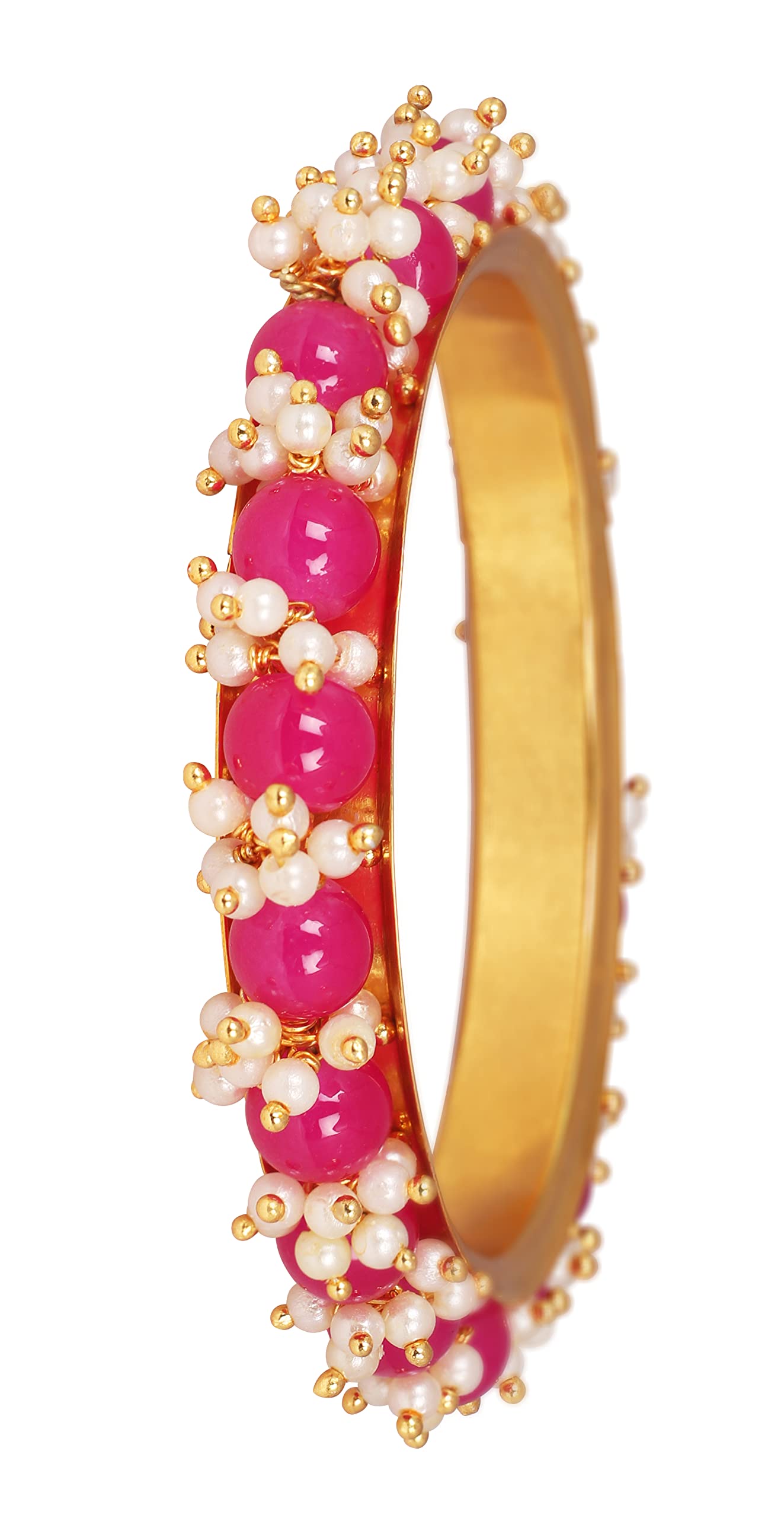 Gold Plated Pearl And Dark Pink Color Beads Bangle Set