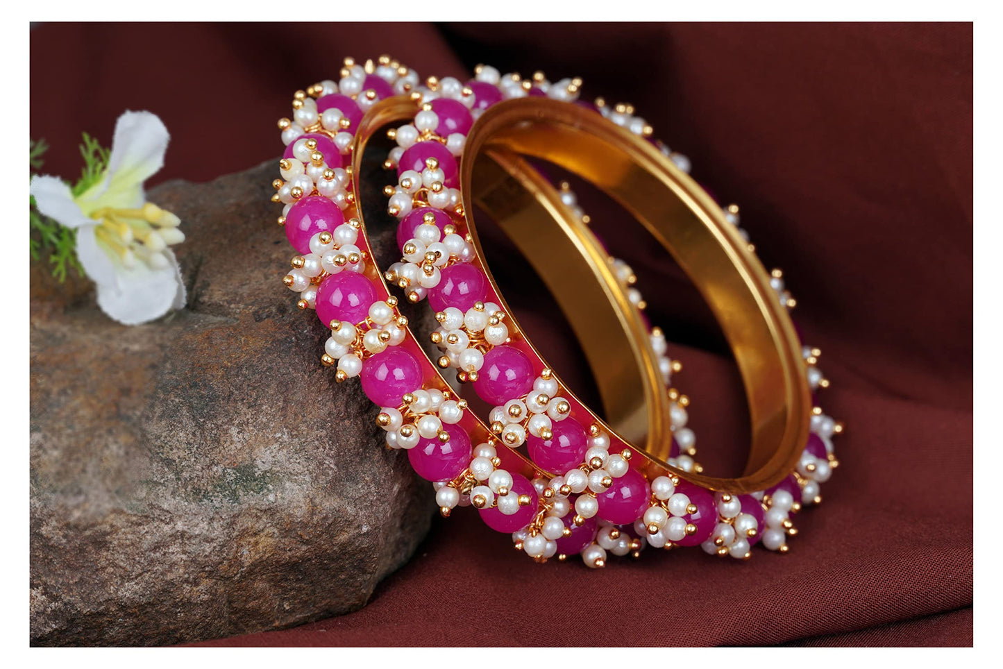 Gold Plated Pearl And Dark Pink Color Beads Bangle Set