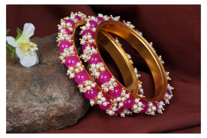 Gold Plated Pearl And Dark Pink Color Beads Bangle Set