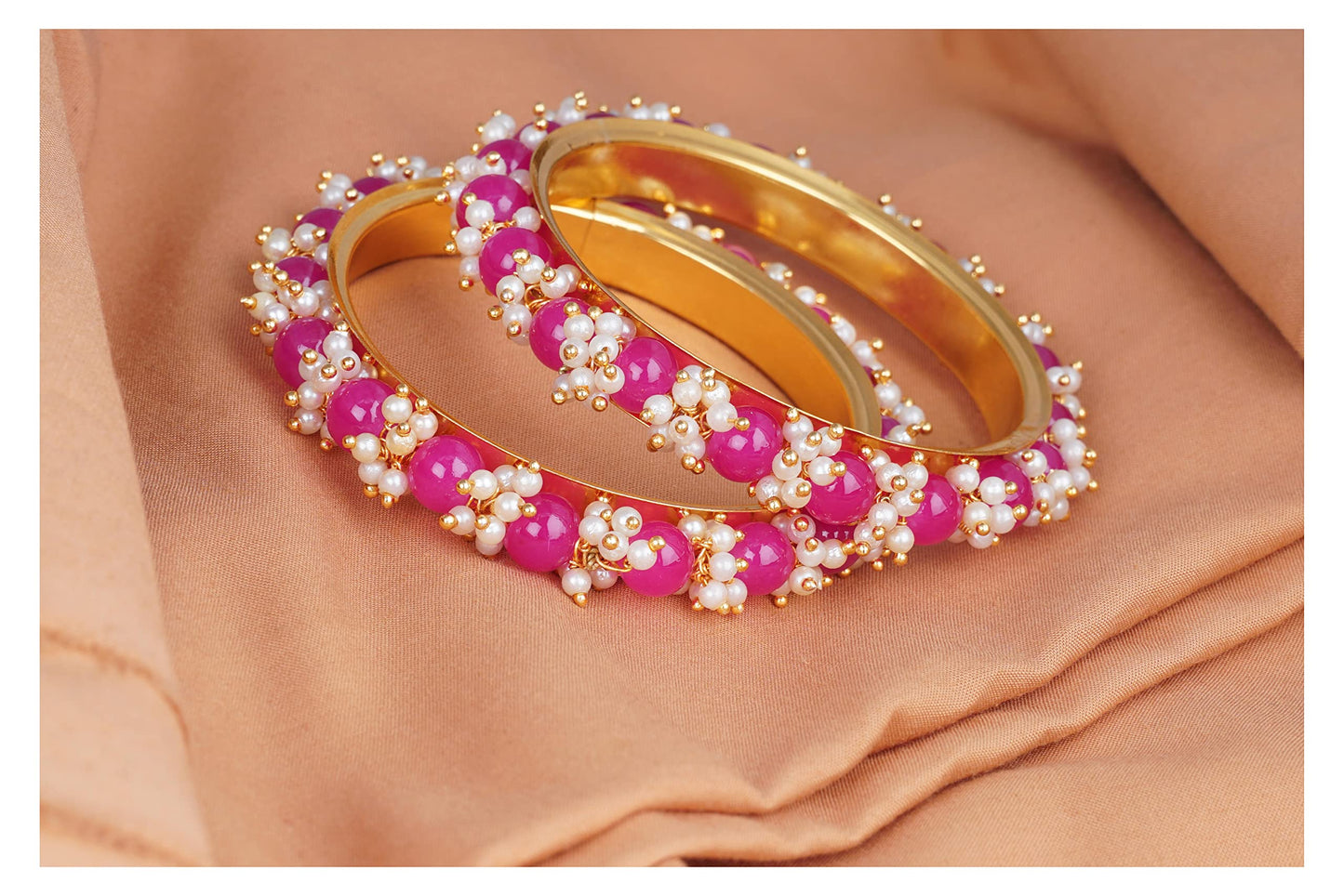 Gold Plated Pearl And Dark Pink Color Beads Bangle Set