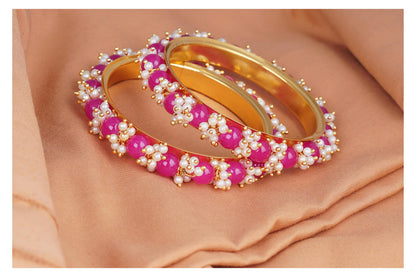 Gold Plated Pearl And Dark Pink Color Beads Bangle Set