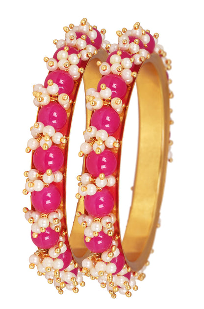 Gold Plated Pearl And Dark Pink Color Beads Bangle Set