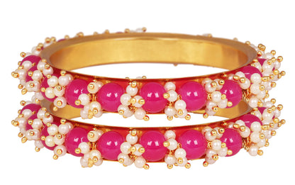 Gold Plated Pearl And Dark Pink Color Beads Bangle Set