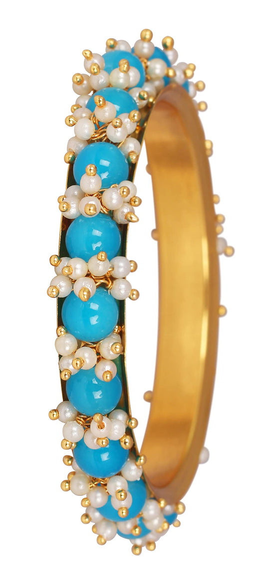 Women'S Gold Plated Cluster Pearl And Dark Sky Blue Color Beads Bangle Set