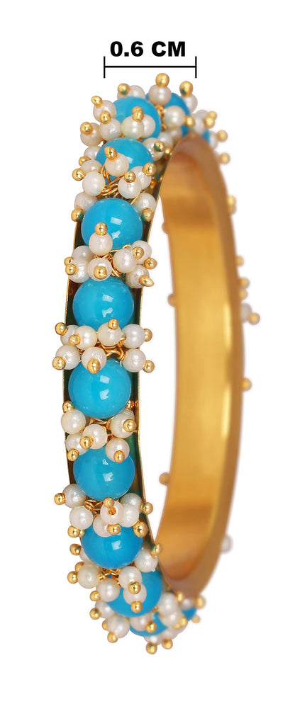 Women'S Gold Plated Cluster Pearl And Dark Sky Blue Color Beads Bangle Set