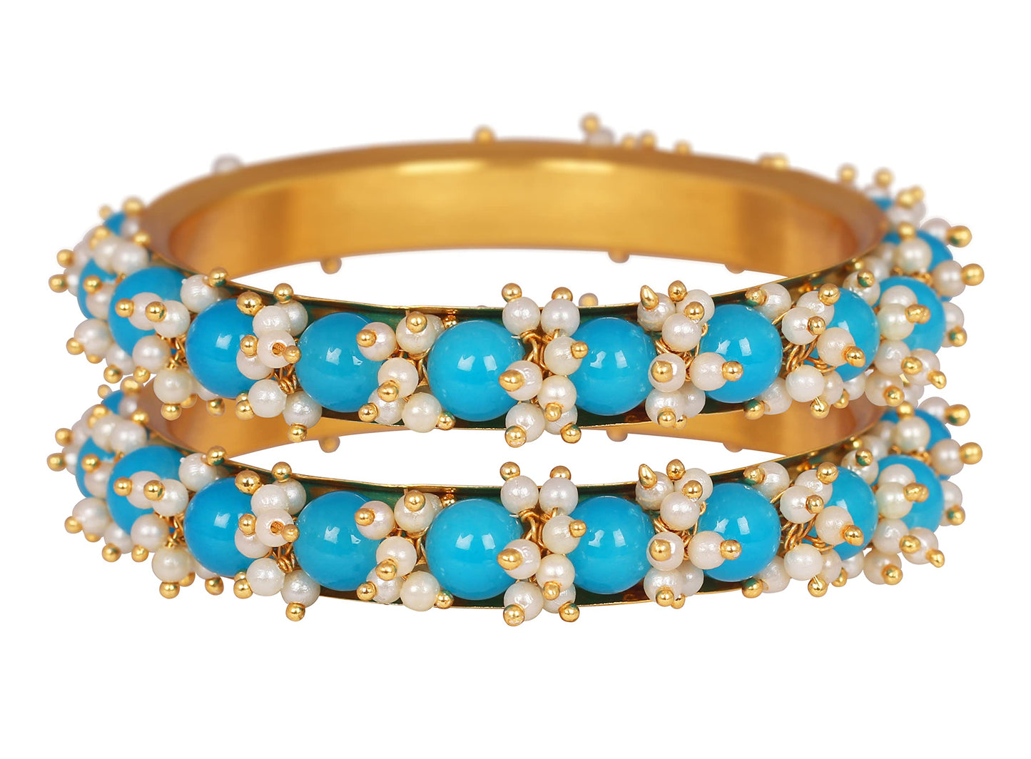 Women'S Gold Plated Cluster Pearl And Dark Sky Blue Color Beads Bangle Set