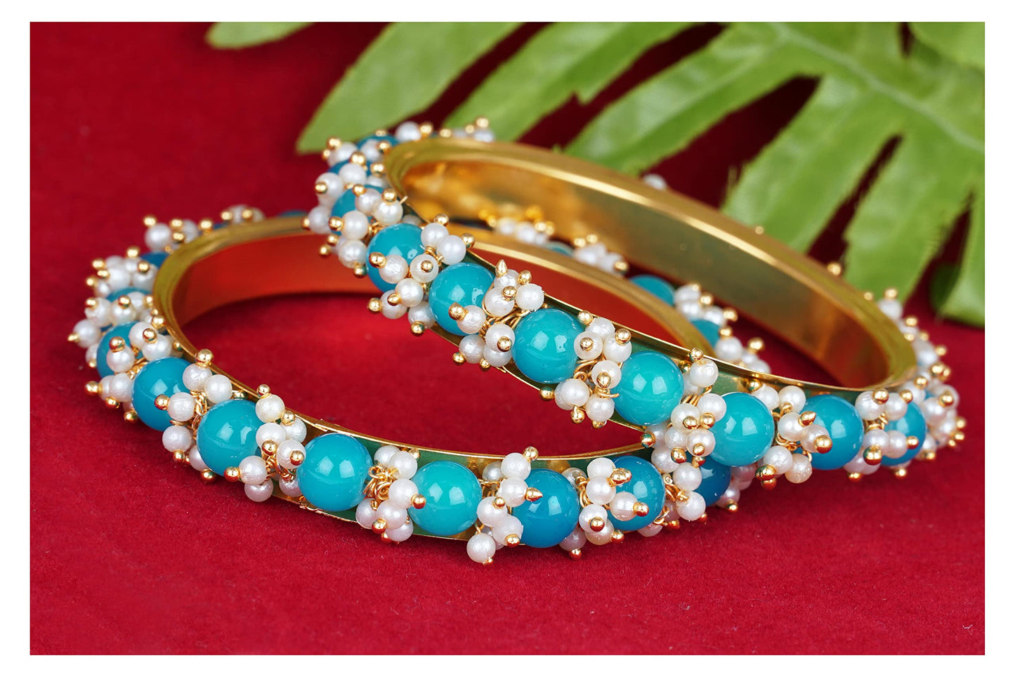 Women'S Gold Plated Cluster Pearl And Dark Sky Blue Color Beads Bangle Set