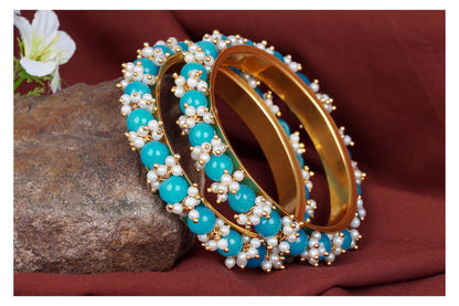Women'S Gold Plated Cluster Pearl And Dark Sky Blue Color Beads Bangle Set