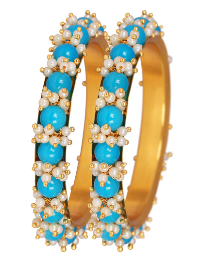Women'S Gold Plated Cluster Pearl And Dark Sky Blue Color Beads Bangle Set