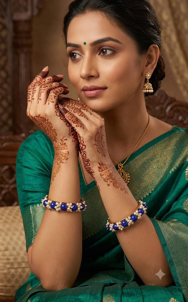 Women'S Gold Plated Cluster Pearl And Dark Royal Blue Color Beads Bangle Set