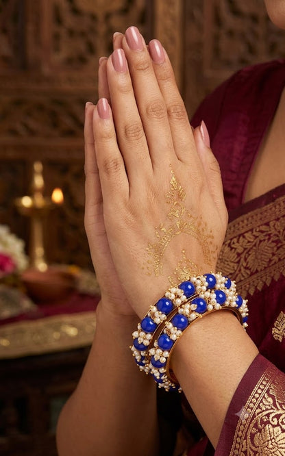 Women'S Gold Plated Cluster Pearl And Dark Royal Blue Color Beads Bangle Set