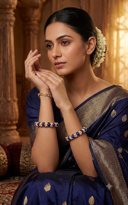 Women'S Gold Plated Cluster Pearl And Dark Royal Blue Color Beads Bangle Set