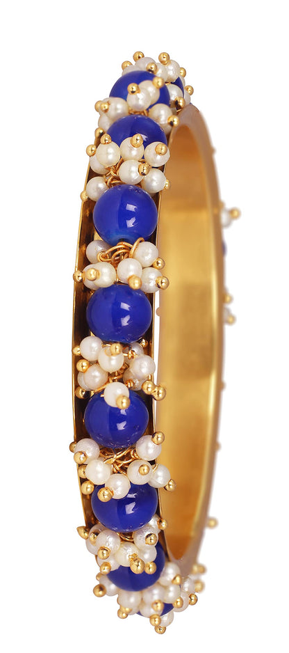 Women'S Gold Plated Cluster Pearl And Dark Royal Blue Color Beads Bangle Set