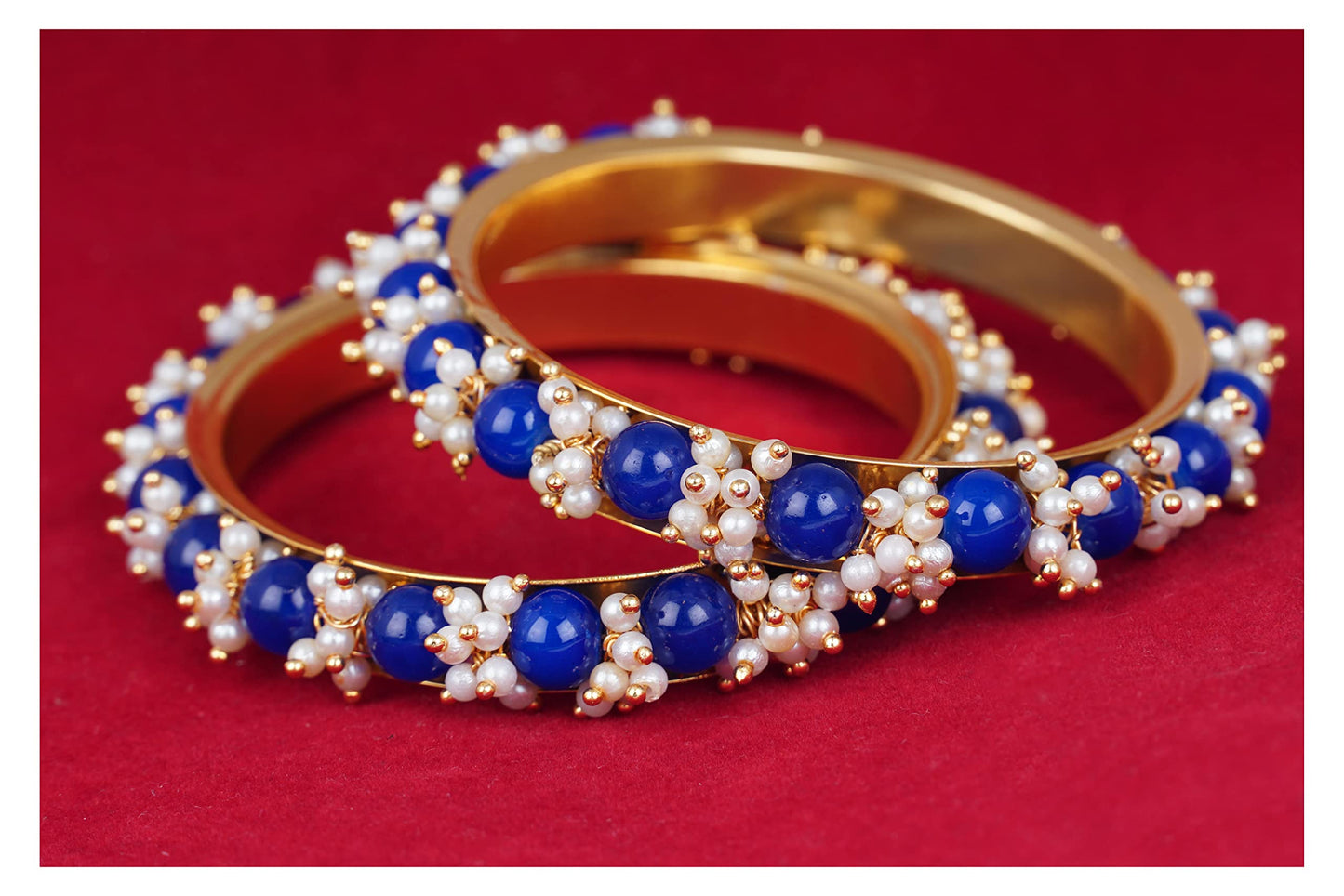 Women'S Gold Plated Cluster Pearl And Dark Royal Blue Color Beads Bangle Set
