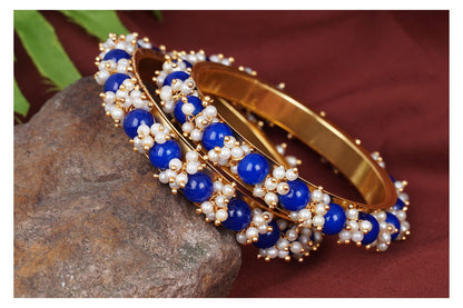 Women'S Gold Plated Cluster Pearl And Dark Royal Blue Color Beads Bangle Set