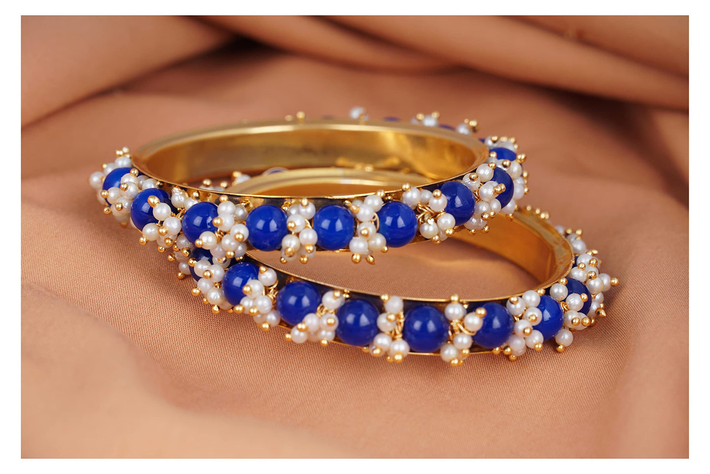 Women'S Gold Plated Cluster Pearl And Dark Royal Blue Color Beads Bangle Set