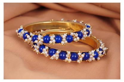 Women'S Gold Plated Cluster Pearl And Dark Royal Blue Color Beads Bangle Set