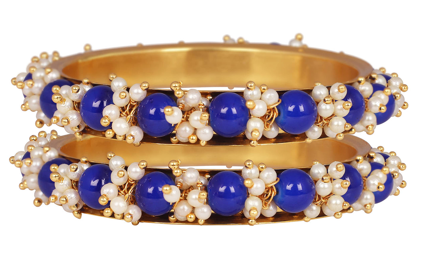 Women'S Gold Plated Cluster Pearl And Dark Royal Blue Color Beads Bangle Set