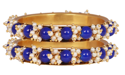 Women'S Gold Plated Cluster Pearl And Dark Royal Blue Color Beads Bangle Set