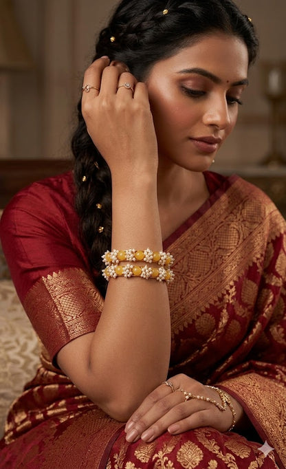 Women'S Gold Plated Cluster Pearl Beads Bangle Set (Dark Yellow)