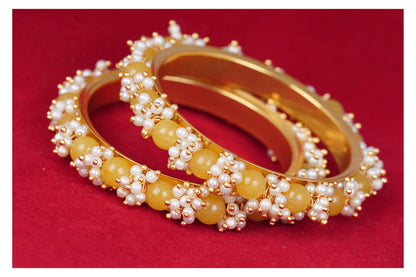 Women'S Gold Plated Cluster Pearl Beads Bangle Set (Dark Yellow)
