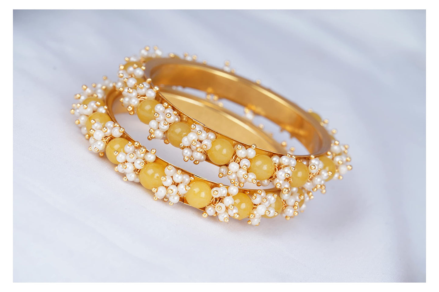 Women'S Gold Plated Cluster Pearl Beads Bangle Set (Dark Yellow)