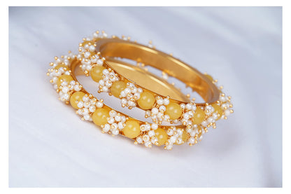 Women'S Gold Plated Cluster Pearl Beads Bangle Set (Dark Yellow)