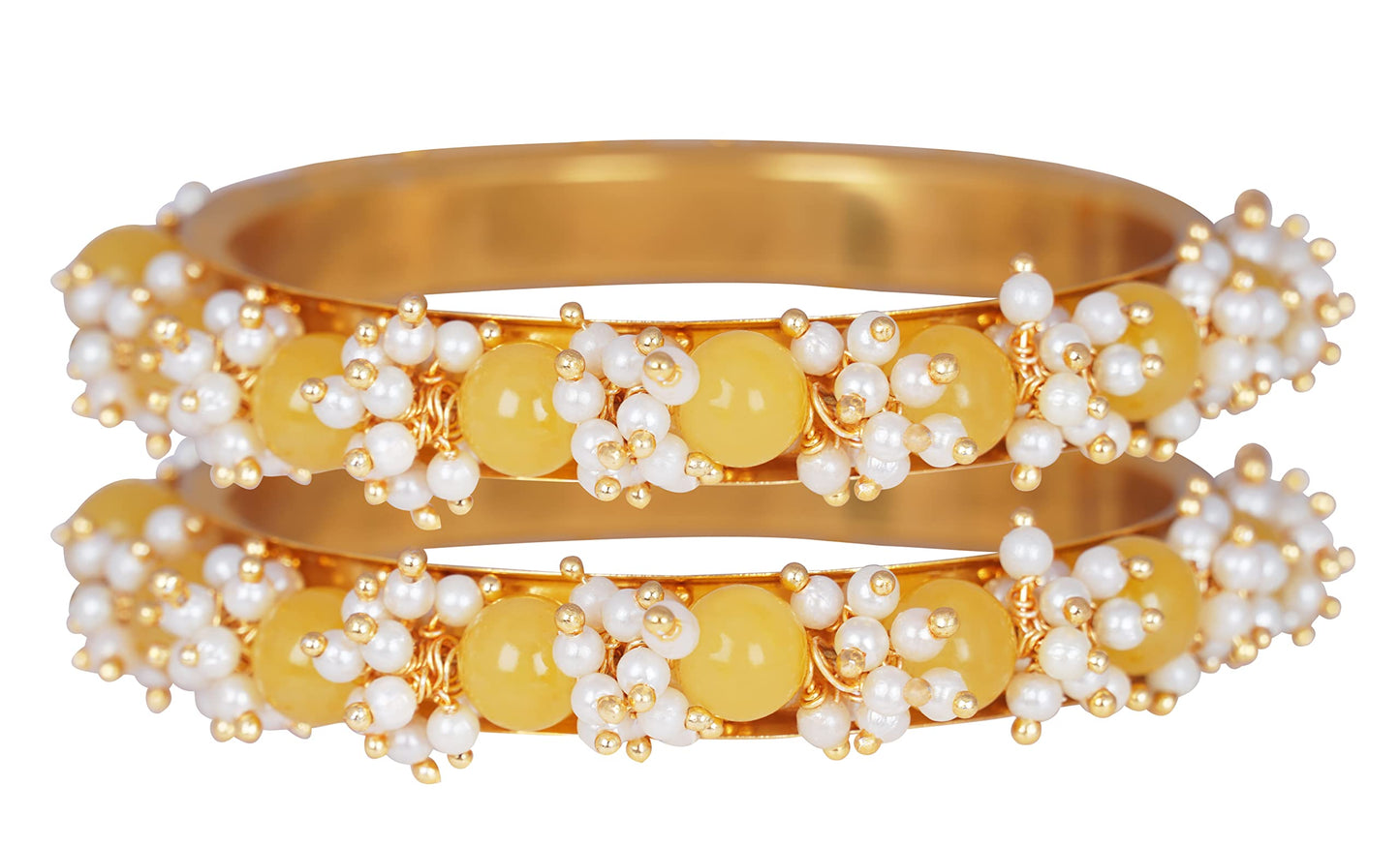 Women'S Gold Plated Cluster Pearl Beads Bangle Set (Dark Yellow)