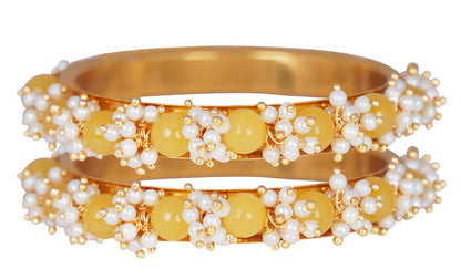 Women'S Gold Plated Cluster Pearl Beads Bangle Set (Dark Yellow)