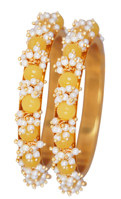 Women'S Gold Plated Cluster Pearl Beads Bangle Set (Dark Yellow)