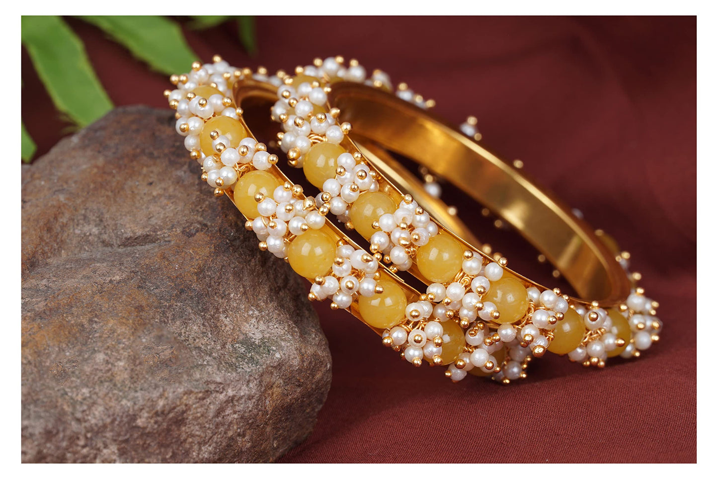 Women'S Gold Plated Cluster Pearl Beads Bangle Set (Dark Yellow)