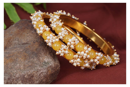 Women'S Gold Plated Cluster Pearl Beads Bangle Set (Dark Yellow)