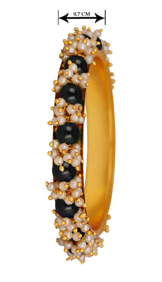 Gold Plated Cluster Pearl And Black Color Beads Bangle Set (Black-26)