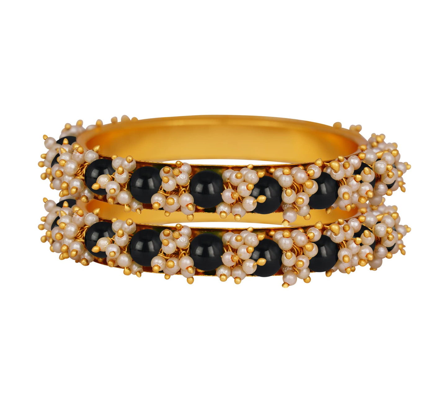 Gold Plated Cluster Pearl And Black Color Beads Bangle Set (Black-26)