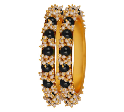 Gold Plated Cluster Pearl And Black Color Beads Bangle Set (Black-26)