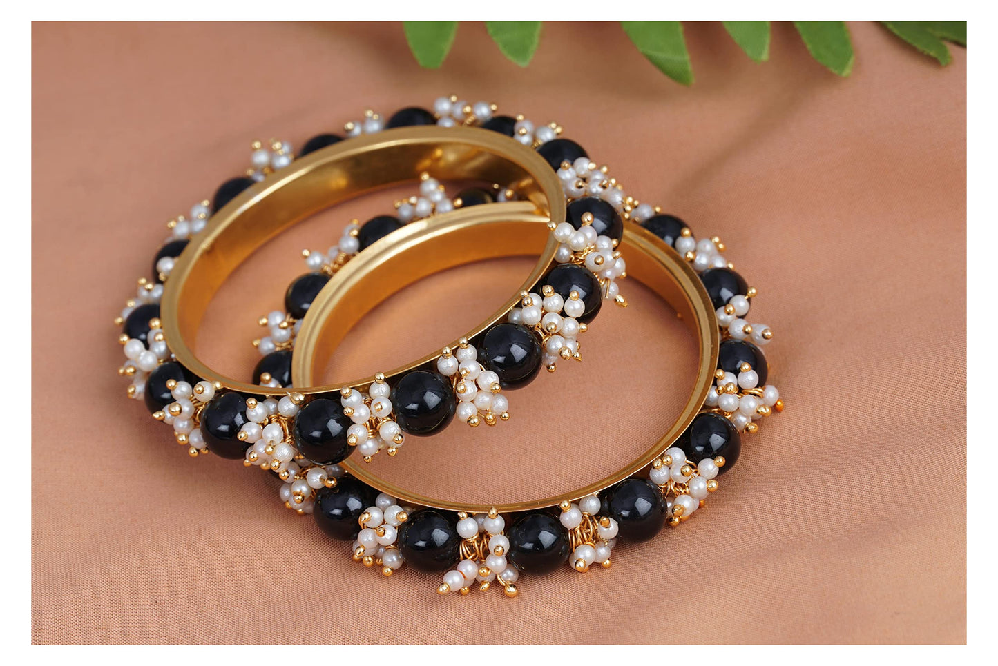 Gold Plated Cluster Pearl And Black Color Beads Bangle Set (Black-26)