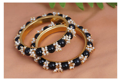 Gold Plated Cluster Pearl And Black Color Beads Bangle Set (Black-26)