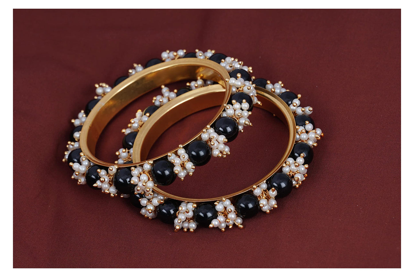 Gold Plated Cluster Pearl And Black Color Beads Bangle Set (Black-26)