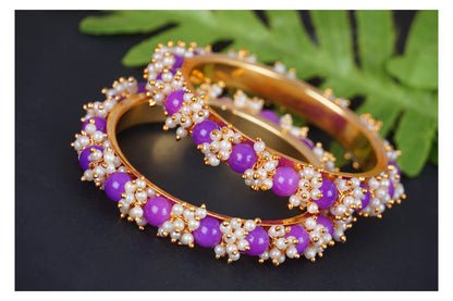 Gold Plated Cluster Pearl And Purple Color Beads Bangle Set (Purple-210)