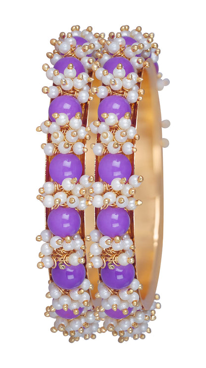 Gold Plated Cluster Pearl And Purple Color Beads Bangle Set (Purple-210)
