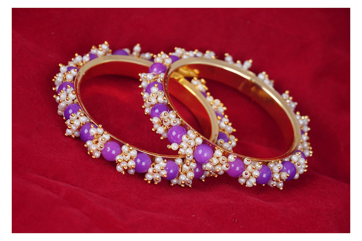 Gold Plated Cluster Pearl And Purple Color Beads Bangle Set (Purple-210)