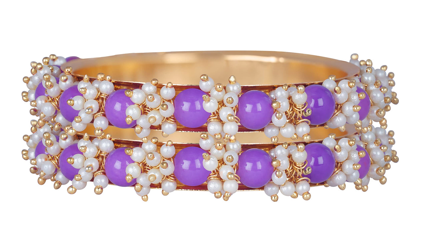 Gold Plated Cluster Pearl And Purple Color Beads Bangle Set (Purple-210)