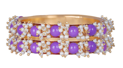 Gold Plated Cluster Pearl And Purple Color Beads Bangle Set (Purple-210)